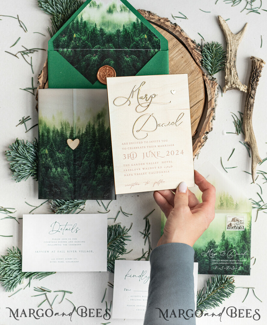 WEDDING INVITATIONS forest / Mountains / woodland theme Forest Wood Wedding Invitation Suite, Modern Rustic Wedding Invites, Natural Wooden Invitations Suite Wedding Cards, Green Wedding Invitations, Misty Forest Frosted wedding Invitation suite, Pine trees Wedding Invite