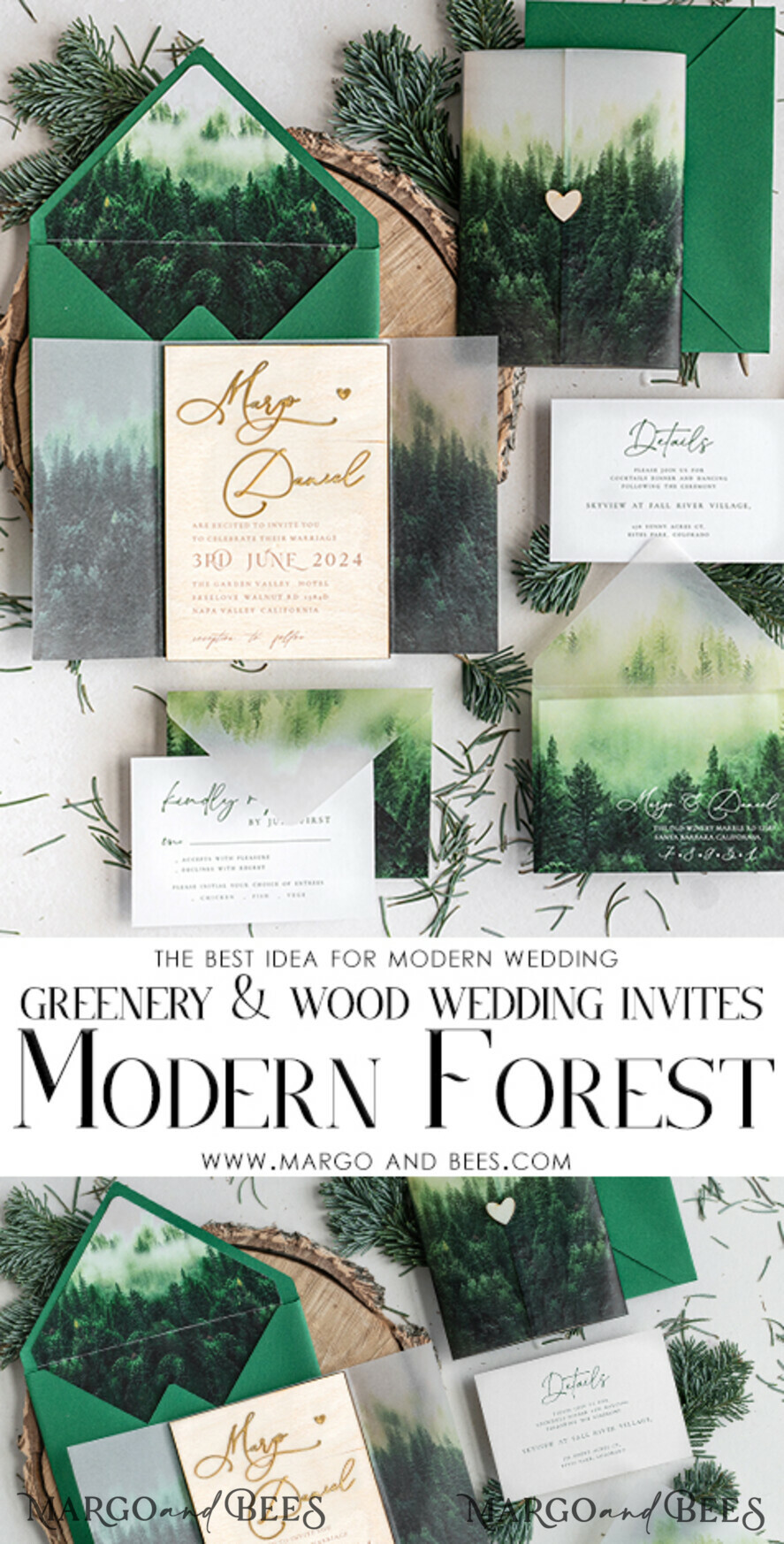 WEDDING INVITATIONS forest / Mountains / woodland theme Forest Wood Wedding Invitation Suite, Modern Rustic Wedding Invites, Natural Wooden Invitations Suite Wedding Cards, Green Wedding Invitations, Misty Forest Frosted wedding Invitation suite, Pine trees Wedding Invite