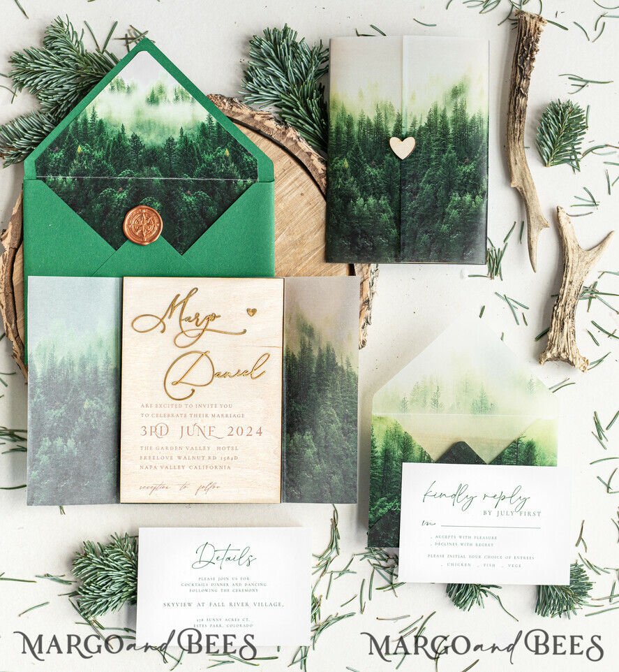 WEDDING INVITATIONS forest / Mountains / woodland theme Forest Wood Wedding Invitation Suite, Modern Rustic Wedding Invites, Natural Wooden Invitations Suite Wedding Cards, Green Wedding Invitations, Misty Forest Frosted wedding Invitation suite, Pine trees Wedding Invite