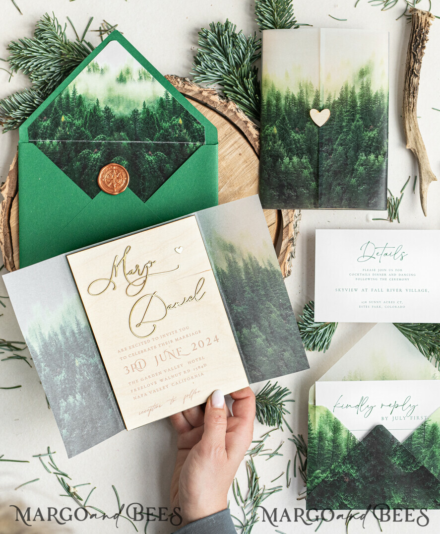 WEDDING INVITATIONS forest / Mountains / woodland theme Forest Wood Wedding Invitation Suite, Modern Rustic Wedding Invites, Natural Wooden Invitations Suite Wedding Cards, Green Wedding Invitations, Misty Forest Frosted wedding Invitation suite, Pine trees Wedding Invite