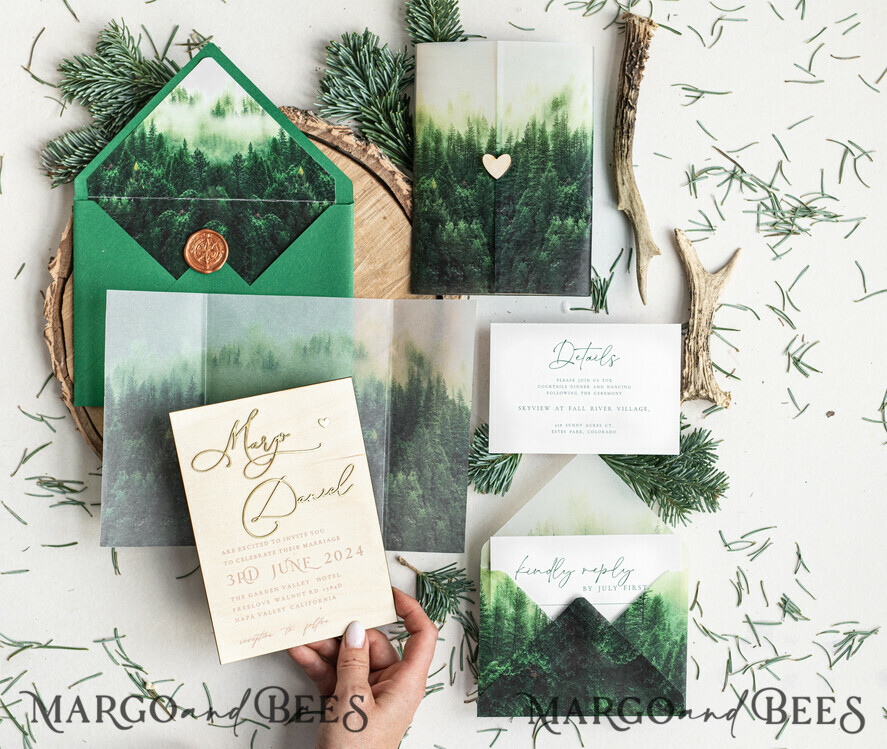 WEDDING INVITATIONS forest / Mountains / woodland theme Forest Wood Wedding Invitation Suite, Modern Rustic Wedding Invites, Natural Wooden Invitations Suite Wedding Cards, Green Wedding Invitations, Misty Forest Frosted wedding Invitation suite, Pine trees Wedding Invite