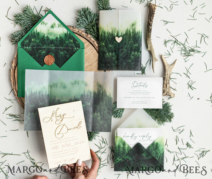 WEDDING INVITATIONS forest / Mountains / woodland theme Forest Wood Wedding Invitation Suite, Modern Rustic Wedding Invites, Natural Wooden Invitations Suite Wedding Cards, Green Wedding Invitations, Misty Forest Frosted wedding Invitation suite, Pine trees Wedding Invite