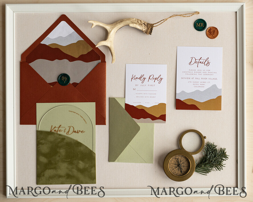 WEDDING INVITATIONS forest / Mountains / woodland theme Mountain Modern Arch Acrylic Wedding Invitation Suite, Modern Arizona Wedding Invites, Clear Plexi glass Suite Wedding Cards, terracotta Wedding Invitations, mountains wedding Invitation suite, sage green Wedding Invite made from plexi glass