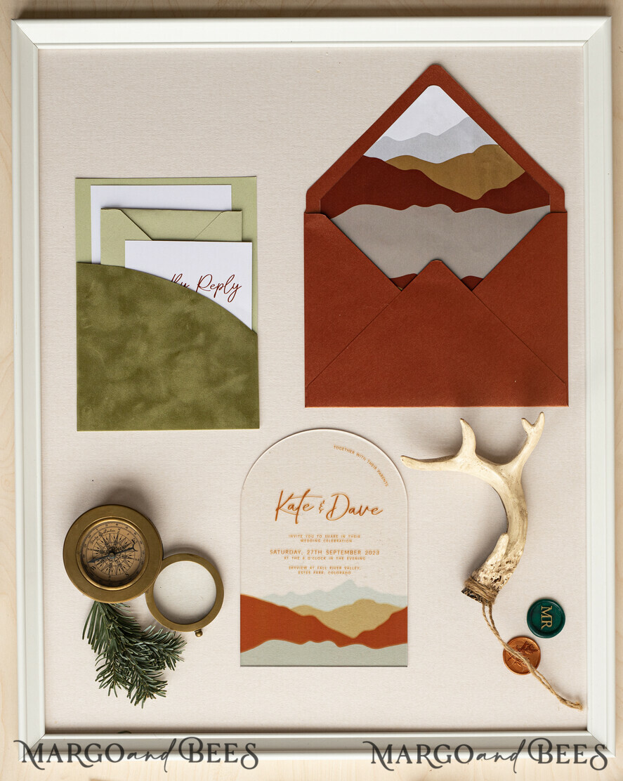 WEDDING INVITATIONS forest / Mountains / woodland theme Mountain Modern Arch Acrylic Wedding Invitation Suite, Modern Arizona Wedding Invites, Clear Plexi glass Suite Wedding Cards, terracotta Wedding Invitations, mountains wedding Invitation suite, sage green Wedding Invite made from plexi glass
