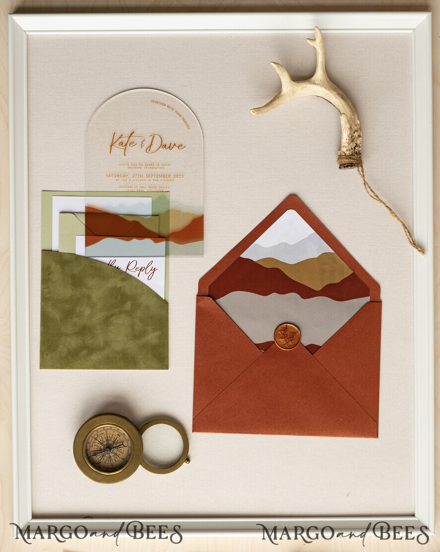 WEDDING INVITATIONS forest / Mountains / woodland theme Mountain Modern Arch Acrylic Wedding Invitation Suite, Modern Arizona Wedding Invites, Clear Plexi glass Suite Wedding Cards, terracotta Wedding Invitations, mountains wedding Invitation suite, sage green Wedding Invite made from plexi glass