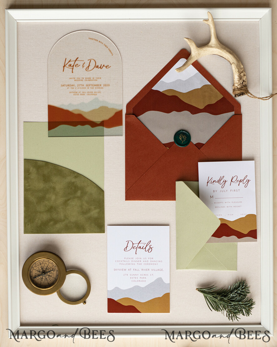 WEDDING INVITATIONS forest / Mountains / woodland theme Mountain Modern Arch Acrylic Wedding Invitation Suite, Modern Arizona Wedding Invites, Clear Plexi glass Suite Wedding Cards, terracotta Wedding Invitations, mountains wedding Invitation suite, sage green Wedding Invite made from plexi glass
