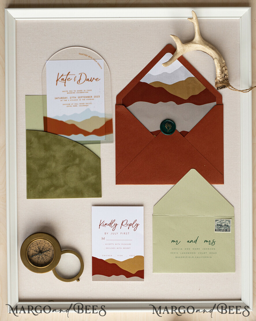 WEDDING INVITATIONS forest / Mountains / woodland theme Mountain Modern Arch Acrylic Wedding Invitation Suite, Modern Arizona Wedding Invites, Clear Plexi glass Suite Wedding Cards, terracotta Wedding Invitations, mountains wedding Invitation suite, sage green Wedding Invite made from plexi glass