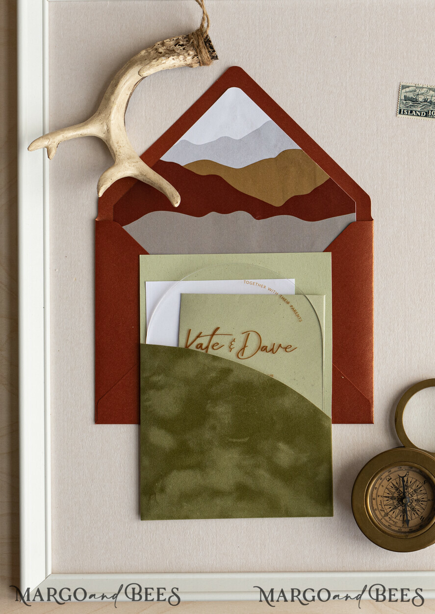 WEDDING INVITATIONS forest / Mountains / woodland theme Mountain Modern Arch Acrylic Wedding Invitation Suite, Modern Arizona Wedding Invites, Clear Plexi glass Suite Wedding Cards, terracotta Wedding Invitations, mountains wedding Invitation suite, sage green Wedding Invite made from plexi glass