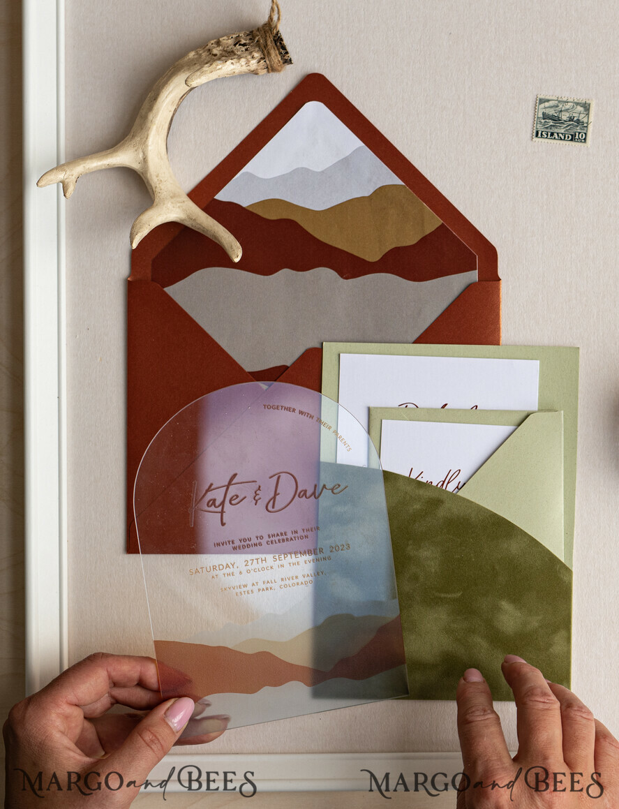 WEDDING INVITATIONS forest / Mountains / woodland theme Mountain Modern Arch Acrylic Wedding Invitation Suite, Modern Arizona Wedding Invites, Clear Plexi glass Suite Wedding Cards, terracotta Wedding Invitations, mountains wedding Invitation suite, sage green Wedding Invite made from plexi glass
