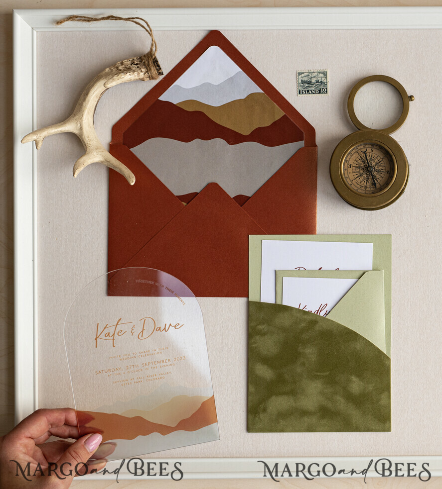 WEDDING INVITATIONS forest / Mountains / woodland theme Mountain Modern Arch Acrylic Wedding Invitation Suite, Modern Arizona Wedding Invites, Clear Plexi glass Suite Wedding Cards, terracotta Wedding Invitations, mountains wedding Invitation suite, sage green Wedding Invite made from plexi glass