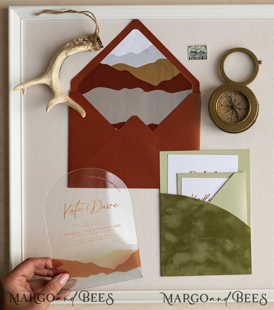 WEDDING INVITATIONS forest / Mountains / woodland theme Mountain Modern Arch Acrylic Wedding Invitation Suite, Modern Arizona Wedding Invites, Clear Plexi glass Suite Wedding Cards, terracotta Wedding Invitations, mountains wedding Invitation suite, sage green Wedding Invite made from plexi glass