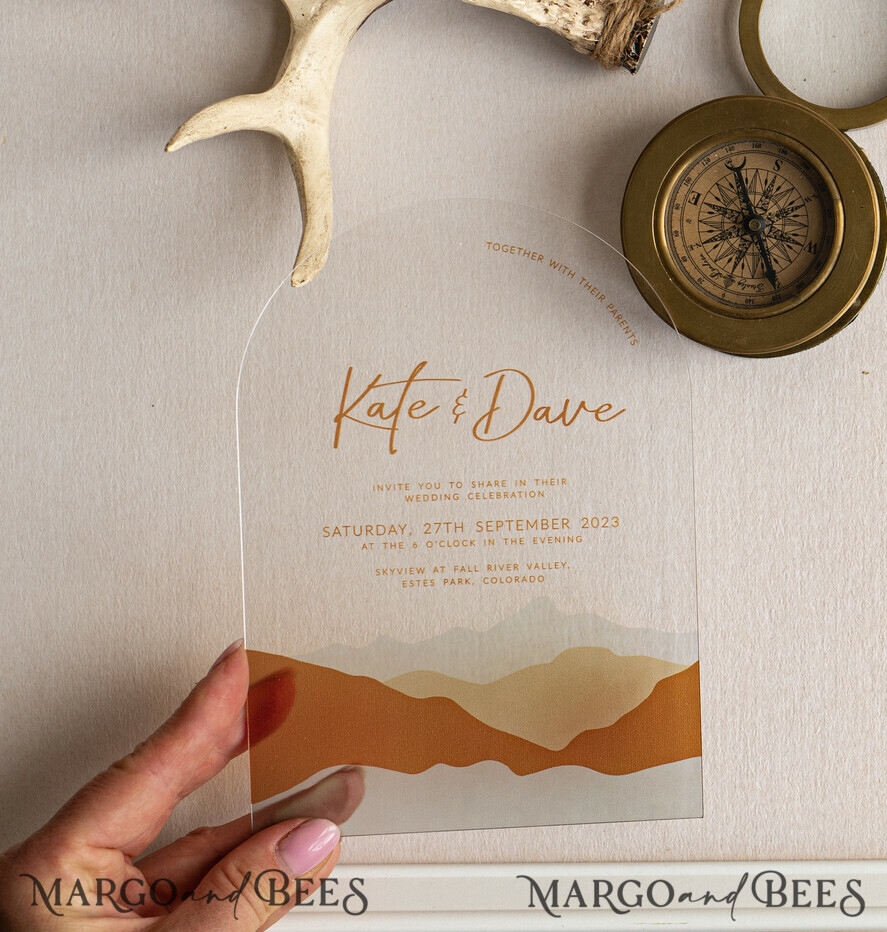 WEDDING INVITATIONS forest / Mountains / woodland theme Mountain Modern Arch Acrylic Wedding Invitation Suite, Modern Arizona Wedding Invites, Clear Plexi glass Suite Wedding Cards, terracotta Wedding Invitations, mountains wedding Invitation suite, sage green Wedding Invite made from plexi glass