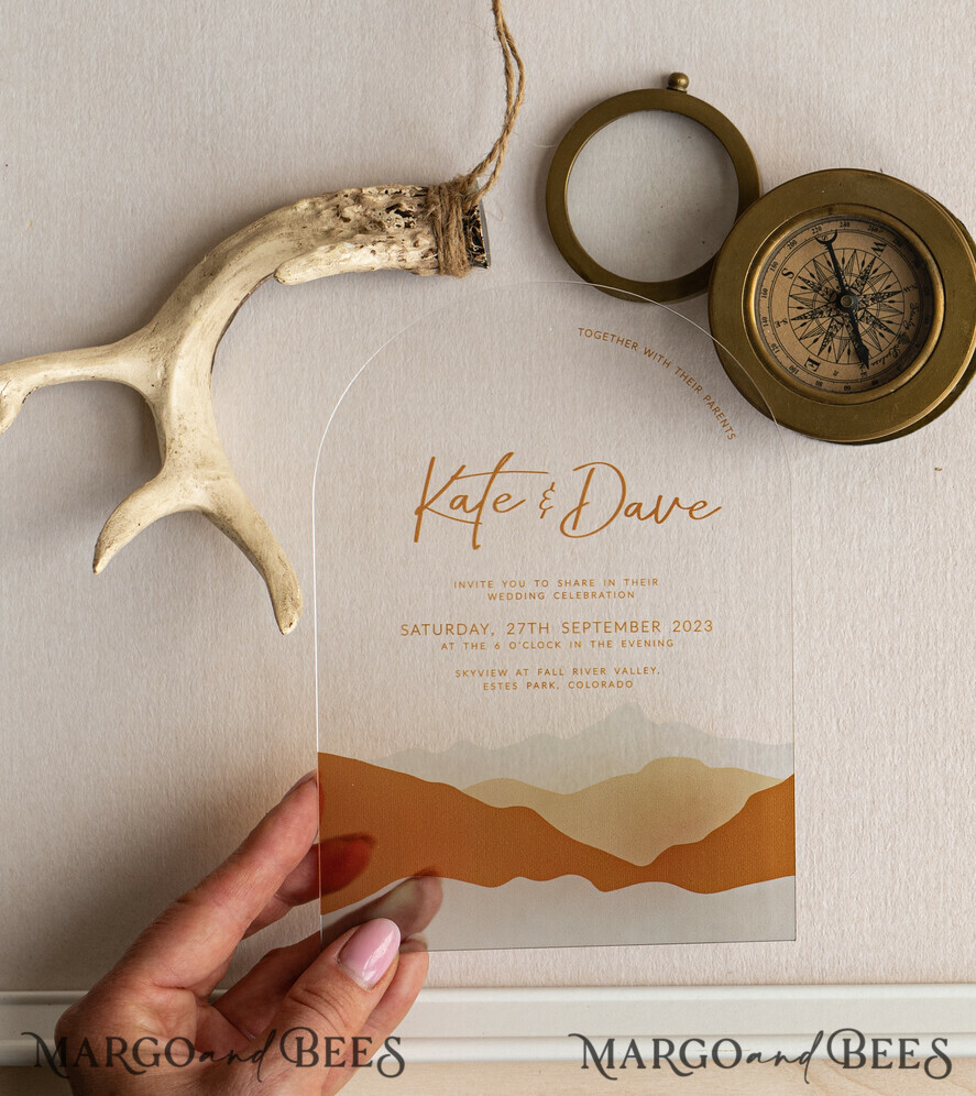 WEDDING INVITATIONS forest / Mountains / woodland theme Mountain Modern Arch Acrylic Wedding Invitation Suite, Modern Arizona Wedding Invites, Clear Plexi glass Suite Wedding Cards, terracotta Wedding Invitations, mountains wedding Invitation suite, sage green Wedding Invite made from plexi glass