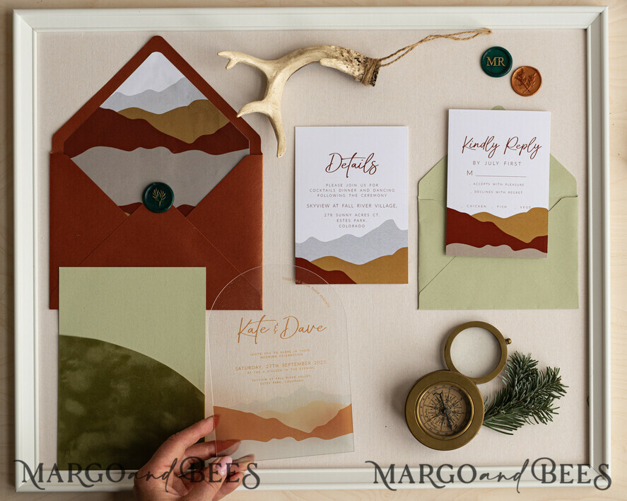 WEDDING INVITATIONS forest / Mountains / woodland theme Mountain Modern Arch Acrylic Wedding Invitation Suite, Modern Arizona Wedding Invites, Clear Plexi glass Suite Wedding Cards, terracotta Wedding Invitations, mountains wedding Invitation suite, sage green Wedding Invite made from plexi glass