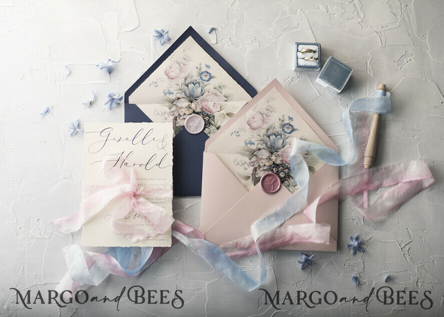 WEDDING INVITATIONS Elegant Invites Classic Cards Vintage Floral Wedding Invitations, Minimalistic Pink Wedding Invites, Delicate Royal Navy Wedding Cards With Hand Dyed Ribbon, Handmade Wedding Stationery