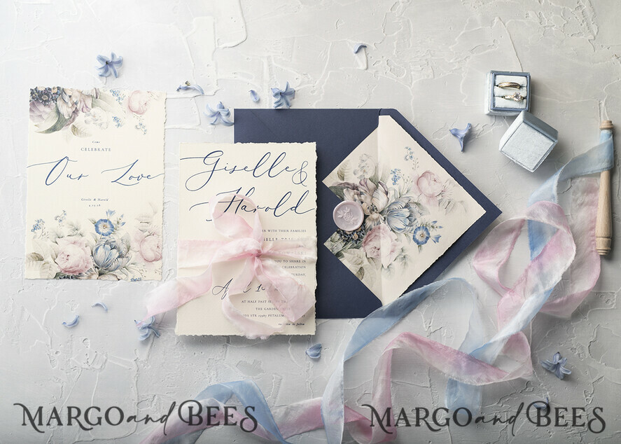 WEDDING INVITATIONS Elegant Invites Classic Cards Vintage Floral Wedding Invitations, Minimalistic Pink Wedding Invites, Delicate Royal Navy Wedding Cards With Hand Dyed Ribbon, Handmade Wedding Stationery