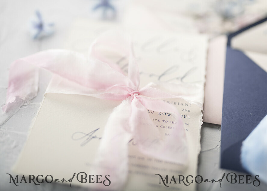 WEDDING INVITATIONS Elegant Invites Classic Cards Vintage Floral Wedding Invitations, Minimalistic Pink Wedding Invites, Delicate Royal Navy Wedding Cards With Hand Dyed Ribbon, Handmade Wedding Stationery