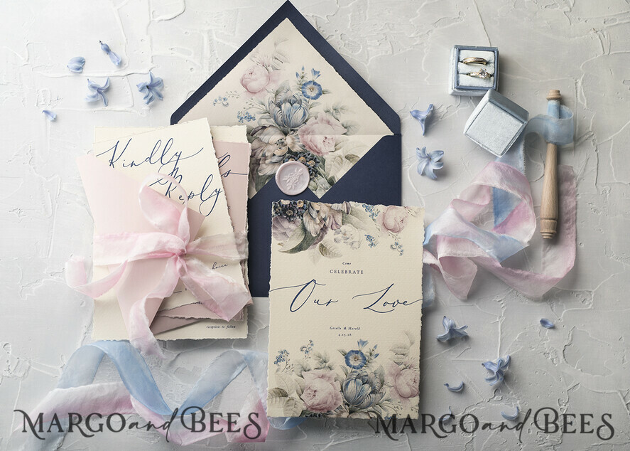 WEDDING INVITATIONS Elegant Invites Classic Cards Vintage Floral Wedding Invitations, Minimalistic Pink Wedding Invites, Delicate Royal Navy Wedding Cards With Hand Dyed Ribbon, Handmade Wedding Stationery