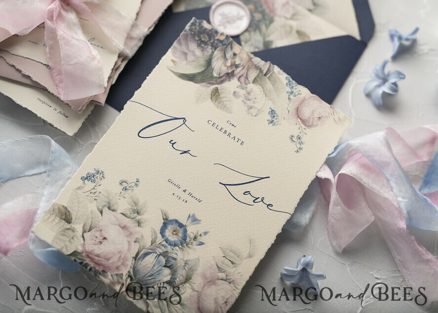WEDDING INVITATIONS Elegant Invites Classic Cards Vintage Floral Wedding Invitations, Minimalistic Pink Wedding Invites, Delicate Royal Navy Wedding Cards With Hand Dyed Ribbon, Handmade Wedding Stationery