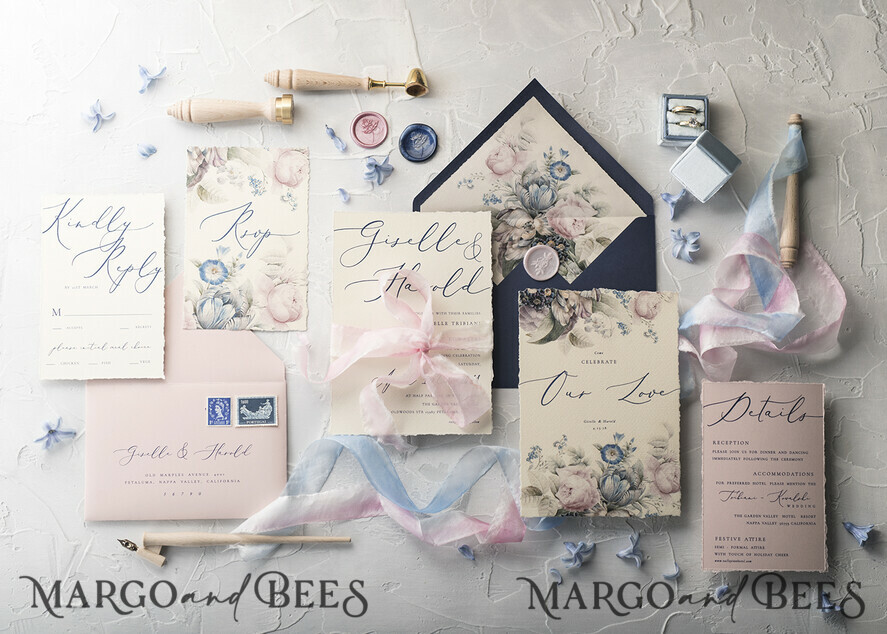 WEDDING INVITATIONS Elegant Invites Classic Cards Vintage Floral Wedding Invitations, Minimalistic Pink Wedding Invites, Delicate Royal Navy Wedding Cards With Hand Dyed Ribbon, Handmade Wedding Stationery