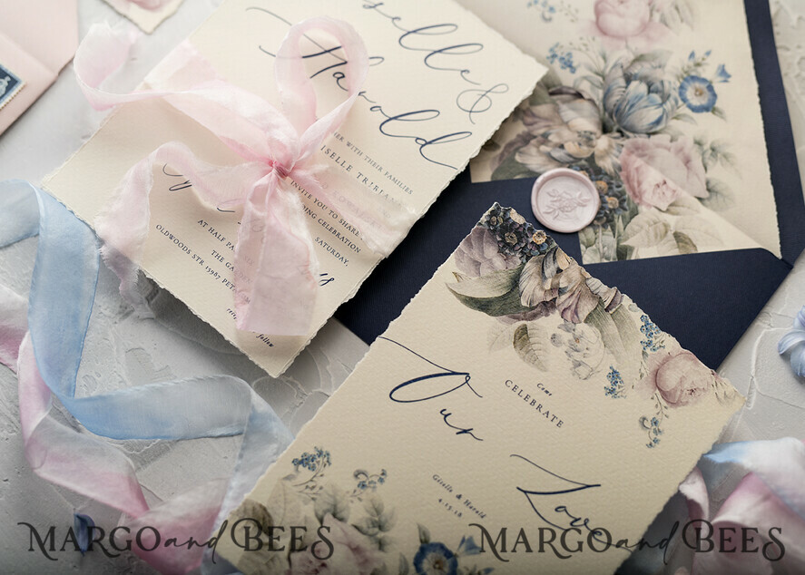 WEDDING INVITATIONS Elegant Invites Classic Cards Vintage Floral Wedding Invitations, Minimalistic Pink Wedding Invites, Delicate Royal Navy Wedding Cards With Hand Dyed Ribbon, Handmade Wedding Stationery