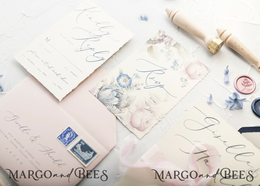 WEDDING INVITATIONS Elegant Invites Classic Cards Vintage Floral Wedding Invitations, Minimalistic Pink Wedding Invites, Delicate Royal Navy Wedding Cards With Hand Dyed Ribbon, Handmade Wedding Stationery