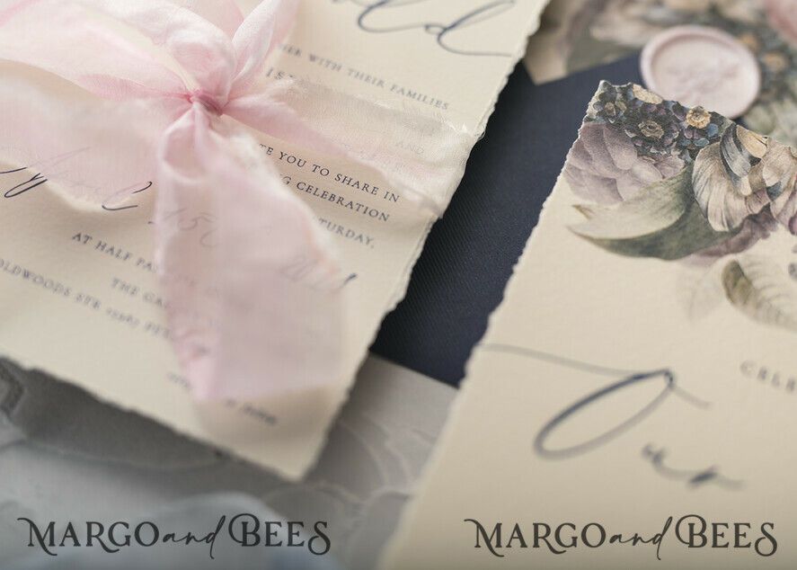 WEDDING INVITATIONS Elegant Invites Classic Cards Vintage Floral Wedding Invitations, Minimalistic Pink Wedding Invites, Delicate Royal Navy Wedding Cards With Hand Dyed Ribbon, Handmade Wedding Stationery
