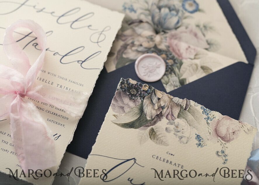 WEDDING INVITATIONS Elegant Invites Classic Cards Vintage Floral Wedding Invitations, Minimalistic Pink Wedding Invites, Delicate Royal Navy Wedding Cards With Hand Dyed Ribbon, Handmade Wedding Stationery