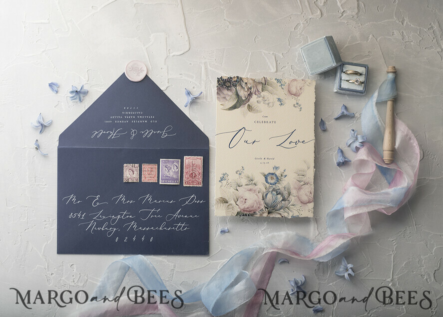 WEDDING INVITATIONS Elegant Invites Classic Cards Vintage Floral Wedding Invitations, Minimalistic Pink Wedding Invites, Delicate Royal Navy Wedding Cards With Hand Dyed Ribbon, Handmade Wedding Stationery