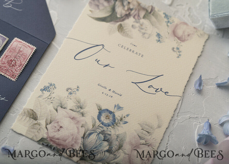 WEDDING INVITATIONS Elegant Invites Classic Cards Vintage Floral Wedding Invitations, Minimalistic Pink Wedding Invites, Delicate Royal Navy Wedding Cards With Hand Dyed Ribbon, Handmade Wedding Stationery