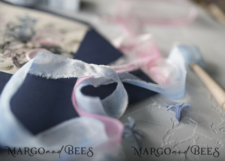 WEDDING INVITATIONS Elegant Invites Classic Cards Vintage Floral Wedding Invitations, Minimalistic Pink Wedding Invites, Delicate Royal Navy Wedding Cards With Hand Dyed Ribbon, Handmade Wedding Stationery