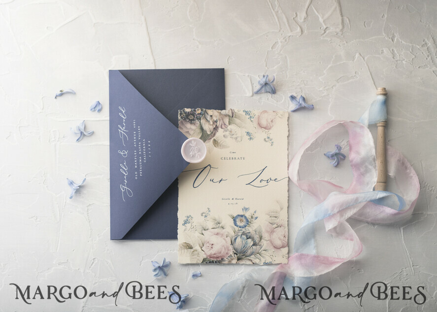 WEDDING INVITATIONS Elegant Invites Classic Cards Vintage Floral Wedding Invitations, Minimalistic Pink Wedding Invites, Delicate Royal Navy Wedding Cards With Hand Dyed Ribbon, Handmade Wedding Stationery