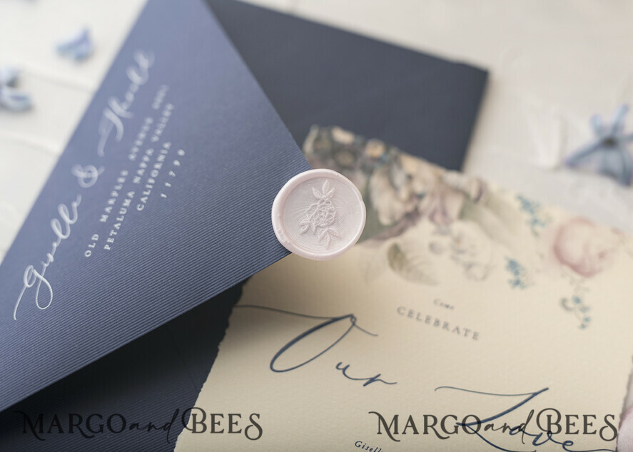 WEDDING INVITATIONS Elegant Invites Classic Cards Vintage Floral Wedding Invitations, Minimalistic Pink Wedding Invites, Delicate Royal Navy Wedding Cards With Hand Dyed Ribbon, Handmade Wedding Stationery