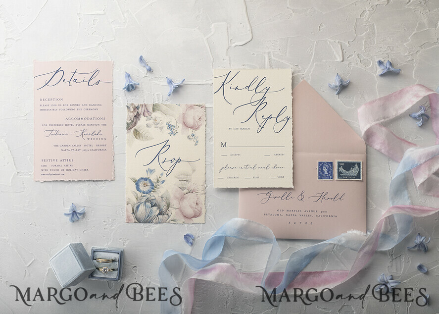 WEDDING INVITATIONS Elegant Invites Classic Cards Vintage Floral Wedding Invitations, Minimalistic Pink Wedding Invites, Delicate Royal Navy Wedding Cards With Hand Dyed Ribbon, Handmade Wedding Stationery