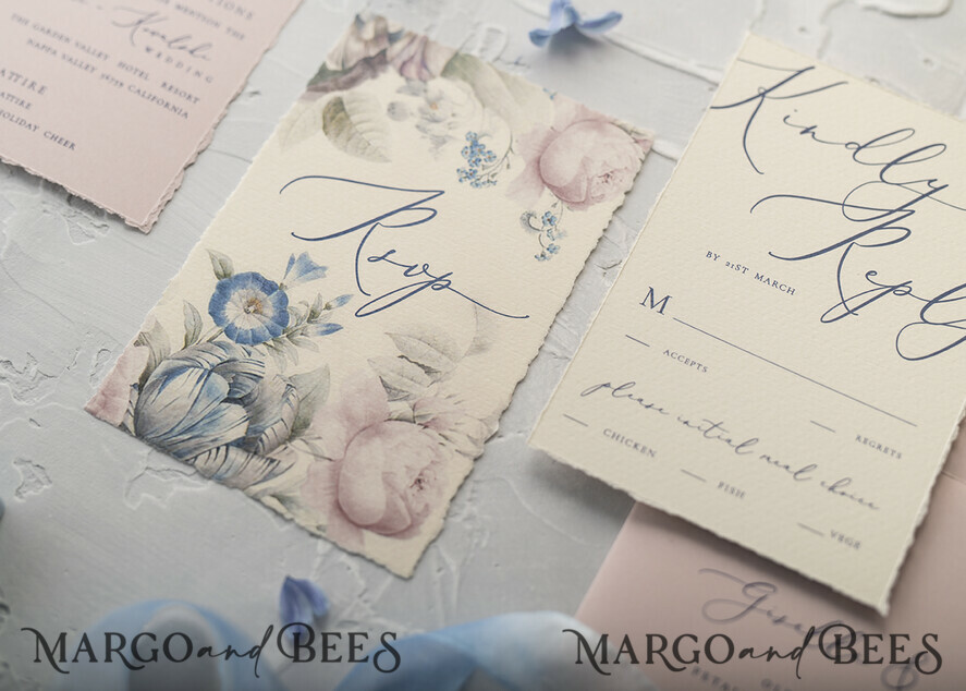 WEDDING INVITATIONS Elegant Invites Classic Cards Vintage Floral Wedding Invitations, Minimalistic Pink Wedding Invites, Delicate Royal Navy Wedding Cards With Hand Dyed Ribbon, Handmade Wedding Stationery