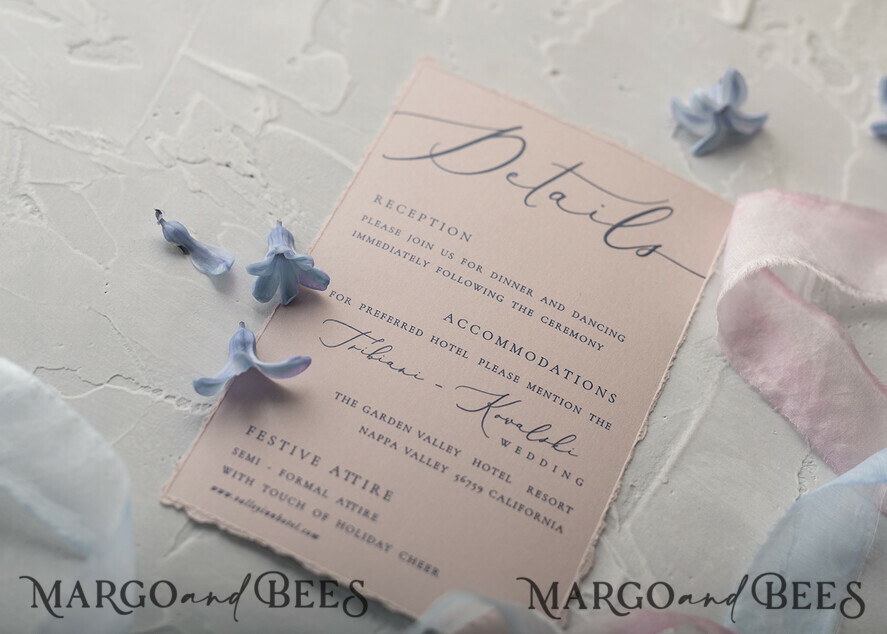 WEDDING INVITATIONS Elegant Invites Classic Cards Vintage Floral Wedding Invitations, Minimalistic Pink Wedding Invites, Delicate Royal Navy Wedding Cards With Hand Dyed Ribbon, Handmade Wedding Stationery
