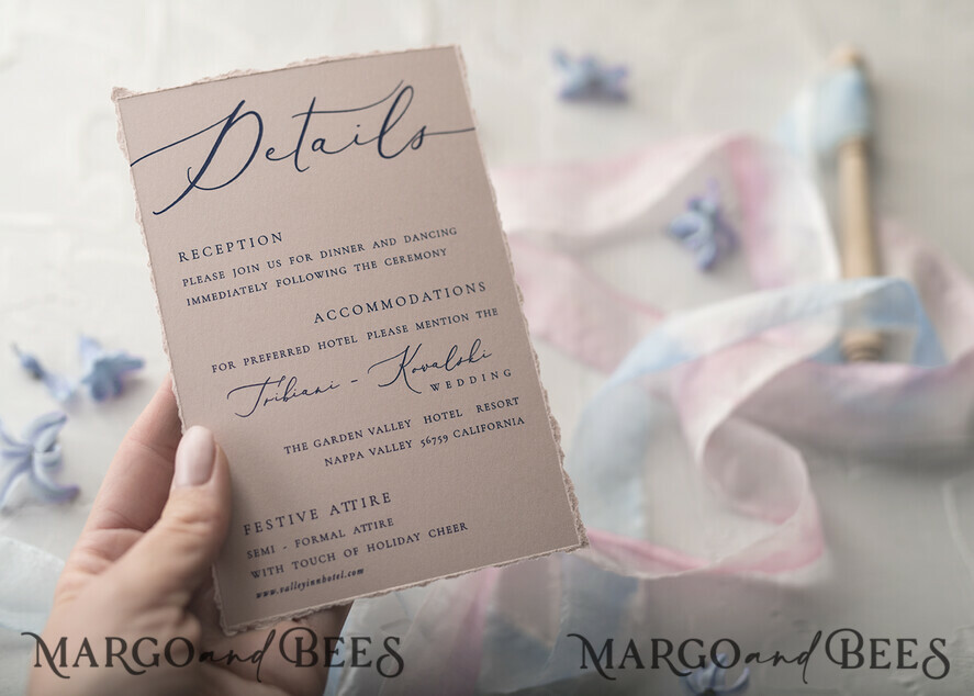 WEDDING INVITATIONS Elegant Invites Classic Cards Vintage Floral Wedding Invitations, Minimalistic Pink Wedding Invites, Delicate Royal Navy Wedding Cards With Hand Dyed Ribbon, Handmade Wedding Stationery