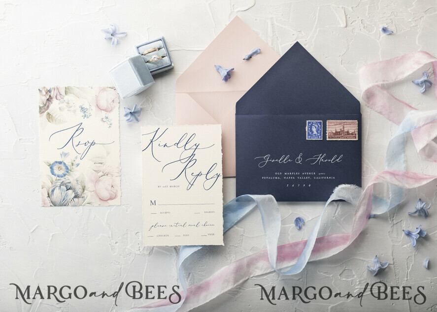 WEDDING INVITATIONS Elegant Invites Classic Cards Vintage Floral Wedding Invitations, Minimalistic Pink Wedding Invites, Delicate Royal Navy Wedding Cards With Hand Dyed Ribbon, Handmade Wedding Stationery