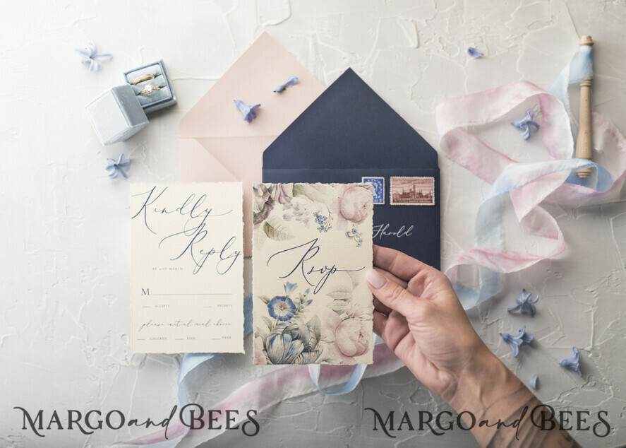 WEDDING INVITATIONS Elegant Invites Classic Cards Vintage Floral Wedding Invitations, Minimalistic Pink Wedding Invites, Delicate Royal Navy Wedding Cards With Hand Dyed Ribbon, Handmade Wedding Stationery