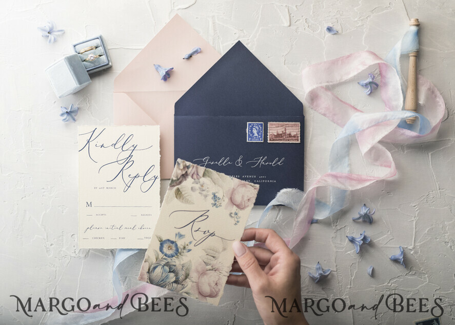 WEDDING INVITATIONS Elegant Invites Classic Cards Vintage Floral Wedding Invitations, Minimalistic Pink Wedding Invites, Delicate Royal Navy Wedding Cards With Hand Dyed Ribbon, Handmade Wedding Stationery
