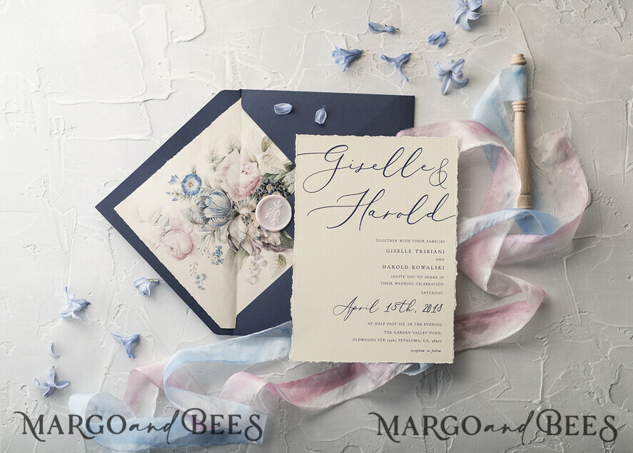 WEDDING INVITATIONS Elegant Invites Classic Cards Vintage Floral Wedding Invitations, Minimalistic Pink Wedding Invites, Delicate Royal Navy Wedding Cards With Hand Dyed Ribbon, Handmade Wedding Stationery