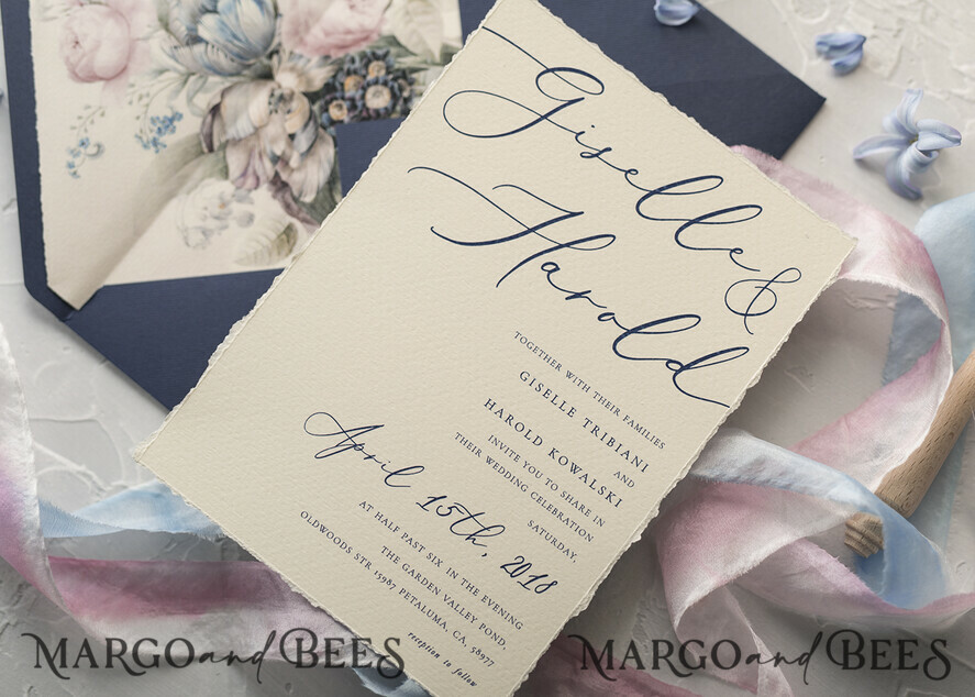 WEDDING INVITATIONS Elegant Invites Classic Cards Vintage Floral Wedding Invitations, Minimalistic Pink Wedding Invites, Delicate Royal Navy Wedding Cards With Hand Dyed Ribbon, Handmade Wedding Stationery
