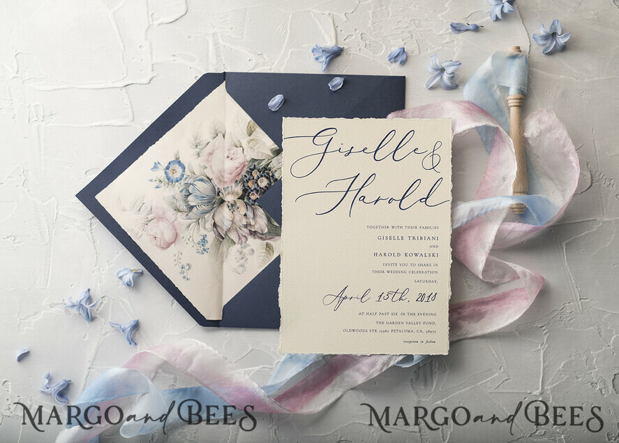 WEDDING INVITATIONS Elegant Invites Classic Cards Vintage Floral Wedding Invitations, Minimalistic Pink Wedding Invites, Delicate Royal Navy Wedding Cards With Hand Dyed Ribbon, Handmade Wedding Stationery