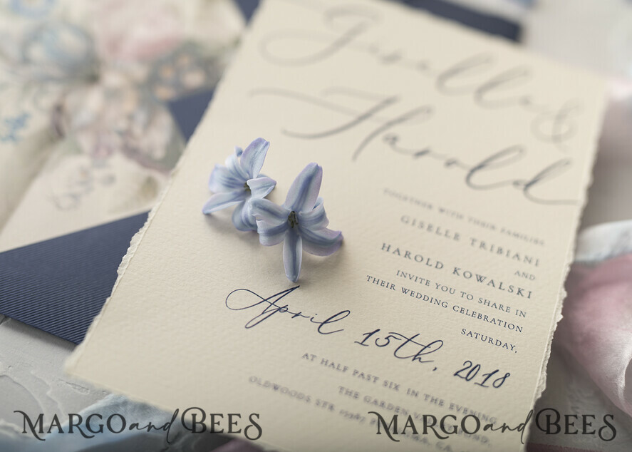 WEDDING INVITATIONS Elegant Invites Classic Cards Vintage Floral Wedding Invitations, Minimalistic Pink Wedding Invites, Delicate Royal Navy Wedding Cards With Hand Dyed Ribbon, Handmade Wedding Stationery