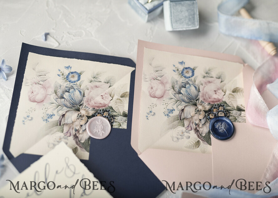 WEDDING INVITATIONS Elegant Invites Classic Cards Vintage Floral Wedding Invitations, Minimalistic Pink Wedding Invites, Delicate Royal Navy Wedding Cards With Hand Dyed Ribbon, Handmade Wedding Stationery