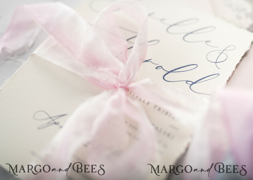 WEDDING INVITATIONS Elegant Invites Classic Cards Vintage Floral Wedding Invitations, Minimalistic Pink Wedding Invites, Delicate Royal Navy Wedding Cards With Hand Dyed Ribbon, Handmade Wedding Stationery