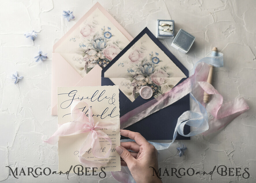 WEDDING INVITATIONS Elegant Invites Classic Cards Vintage Floral Wedding Invitations, Minimalistic Pink Wedding Invites, Delicate Royal Navy Wedding Cards With Hand Dyed Ribbon, Handmade Wedding Stationery