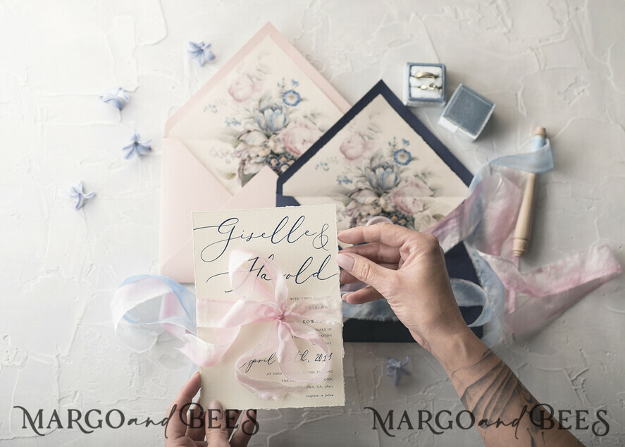 WEDDING INVITATIONS Elegant Invites Classic Cards Vintage Floral Wedding Invitations, Minimalistic Pink Wedding Invites, Delicate Royal Navy Wedding Cards With Hand Dyed Ribbon, Handmade Wedding Stationery