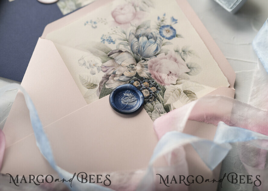 WEDDING INVITATIONS Elegant Invites Classic Cards Vintage Floral Wedding Invitations, Minimalistic Pink Wedding Invites, Delicate Royal Navy Wedding Cards With Hand Dyed Ribbon, Handmade Wedding Stationery