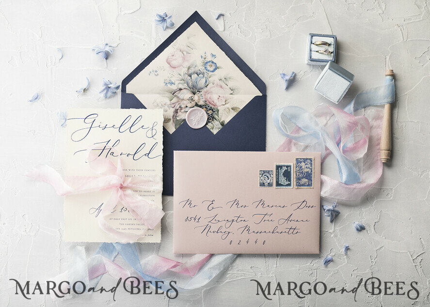 WEDDING INVITATIONS Elegant Invites Classic Cards Vintage Floral Wedding Invitations, Minimalistic Pink Wedding Invites, Delicate Royal Navy Wedding Cards With Hand Dyed Ribbon, Handmade Wedding Stationery